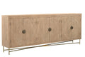 95" Natural And Antiqued Gold Solid Wood Carved Geometric Sideboard with Six Doors on a white background
