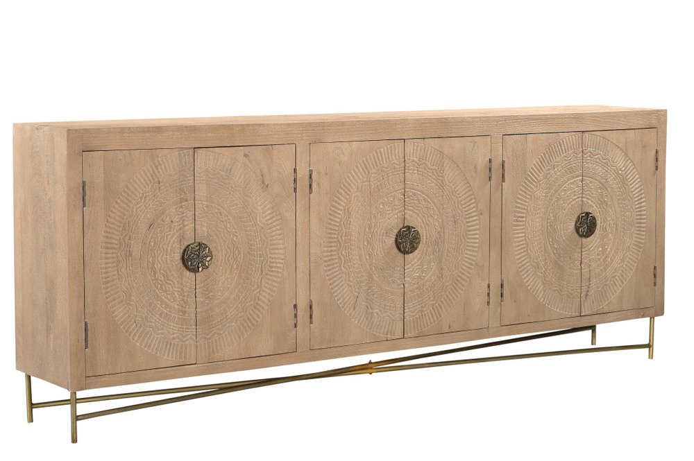 95" Natural And Antiqued Gold Solid Wood Carved Geometric Sideboard with Six Doors on a white background