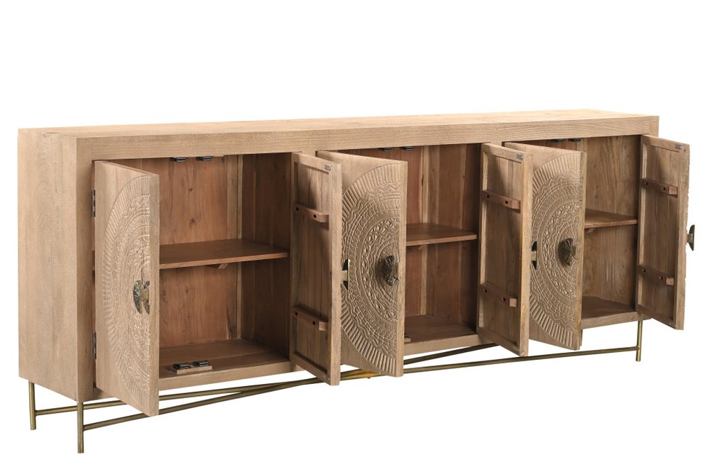 95" Natural And Antiqued Gold Solid Wood Carved Geometric Sideboard with Six Doors on a white background