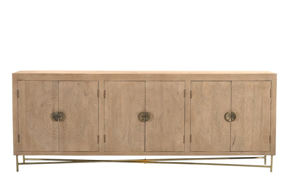 95" Natural And Antiqued Gold Solid Wood Carved Geometric Sideboard with Six Doors on a white background