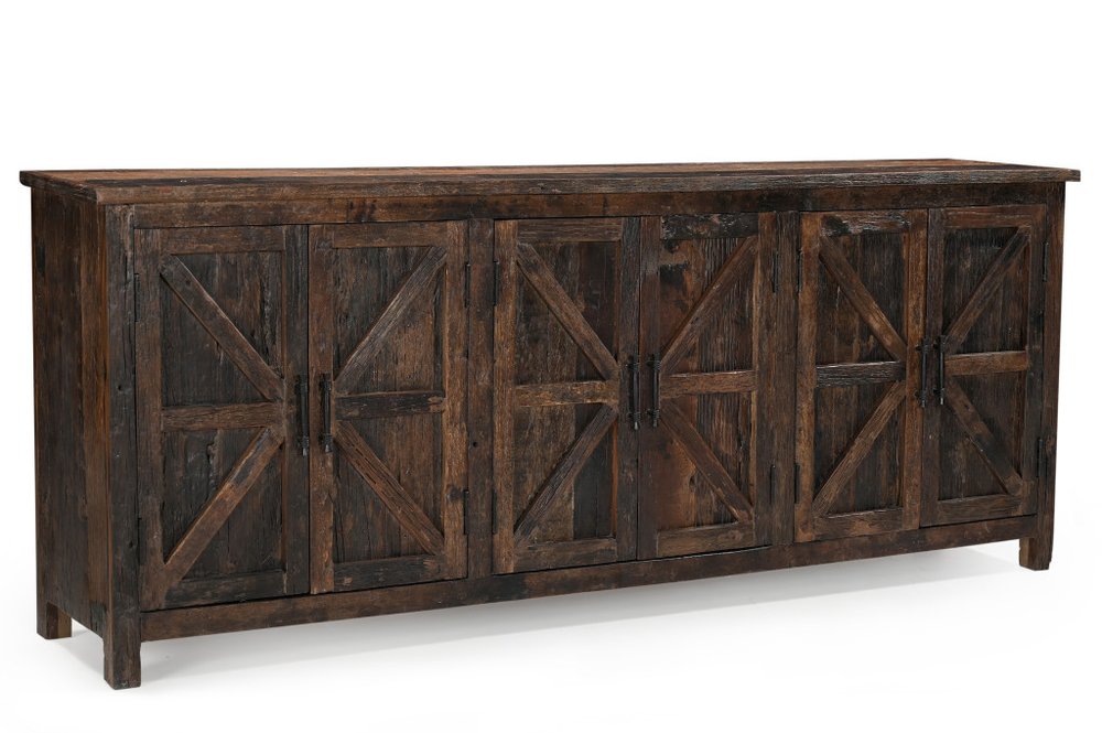 Dark brown distressed reclaimed wood sideboard with six paneled doors and metal handles on a white background.