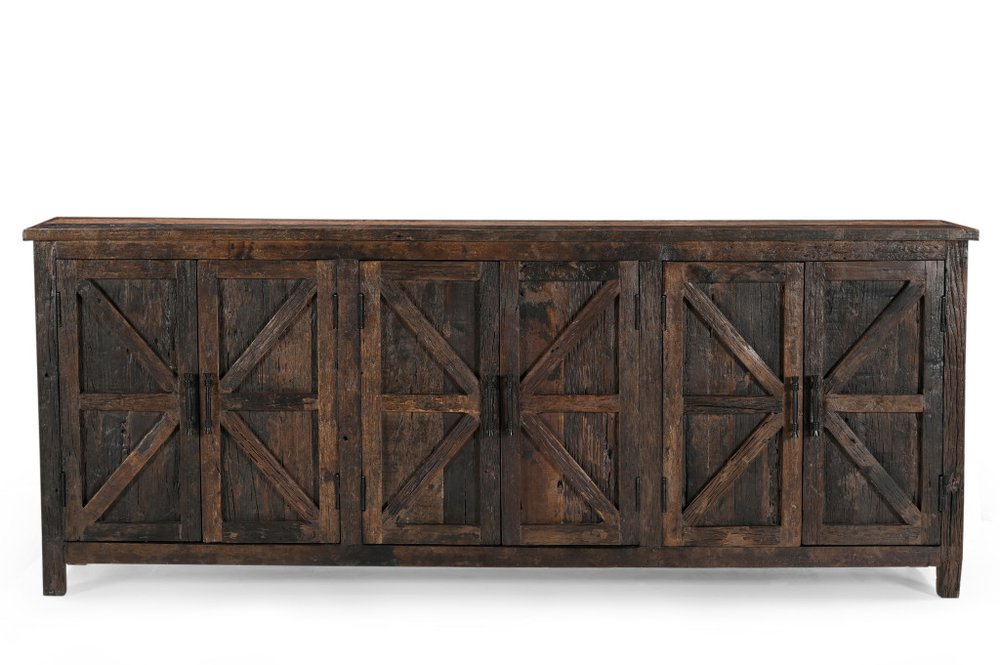 84" Dark Brown Distressed Reclaimed Wood Paneled Sideboard with Six Doors on a white background