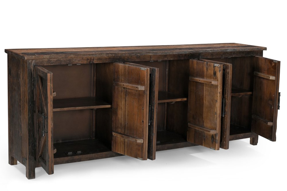 84" Dark Brown Distressed Reclaimed Wood Paneled Sideboard with Six Doors on a white background
