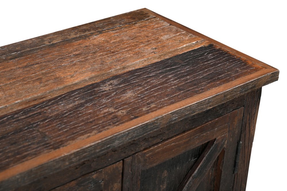 84" Dark Brown Distressed Reclaimed Wood Paneled Sideboard with Six Doors on a white background