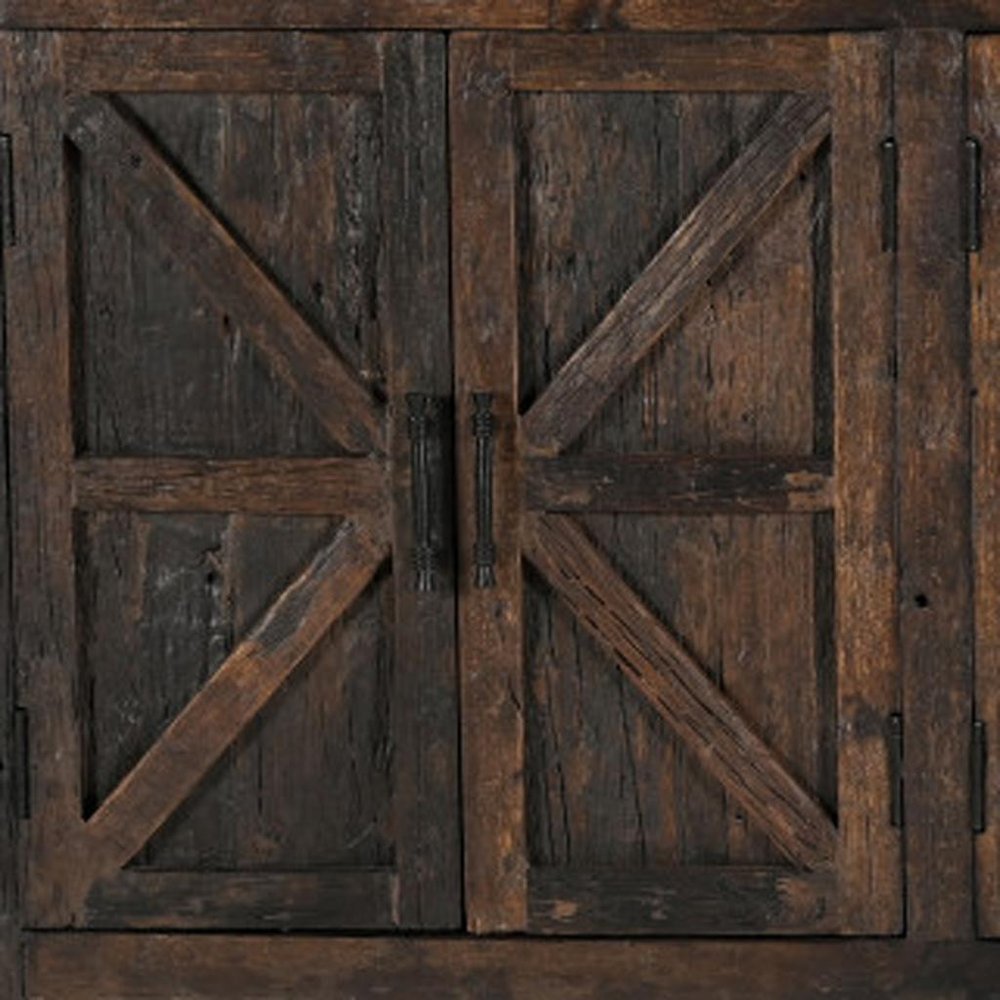 84" Dark Brown Distressed Reclaimed Wood Paneled Sideboard with Six Doors close-up detail