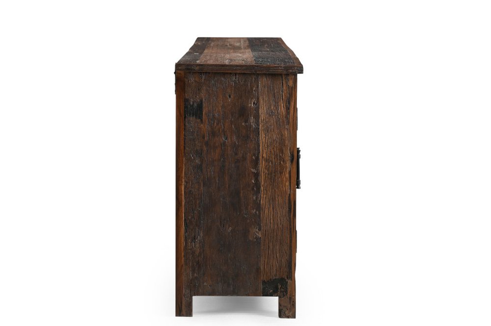 84" Dark Brown Distressed Reclaimed Wood Paneled Sideboard with Six Doors on a white background