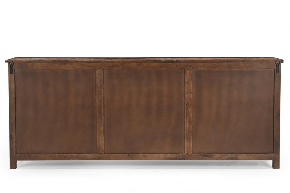 84" Dark Brown Distressed Reclaimed Wood Paneled Sideboard with Six Doors on a white background