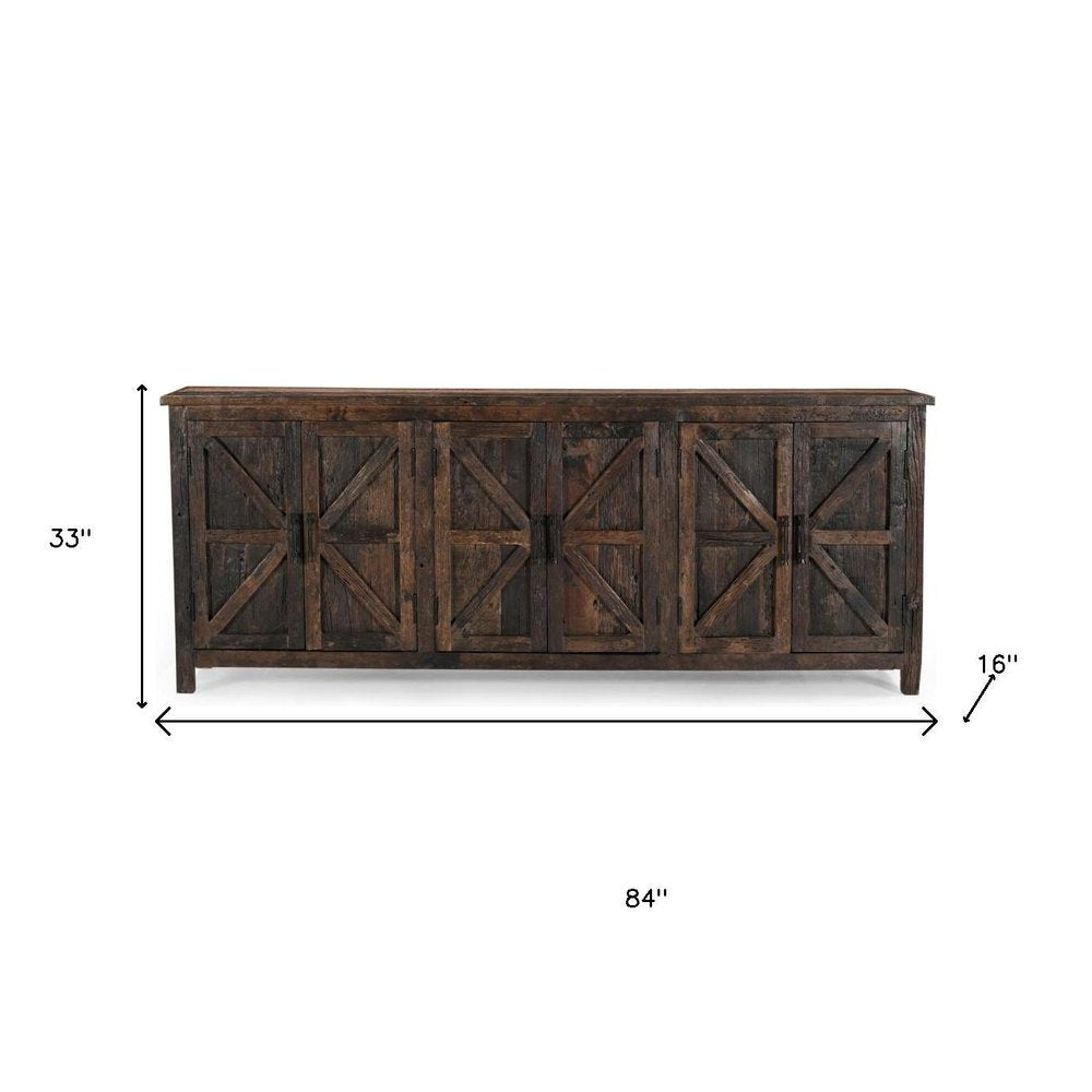 84" Dark Brown Distressed Reclaimed Wood Paneled Sideboard with Six Doors on a white background