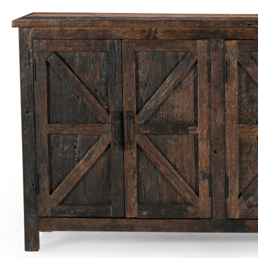 84" Dark Brown Distressed Reclaimed Wood Paneled Sideboard with Six Doors on a white background