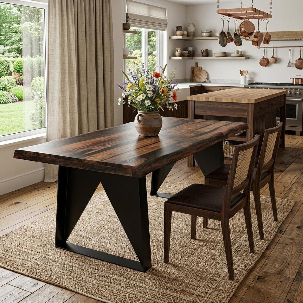 80" Dark Brown And Black Solid Wood And Metal Sled Base Dining Table