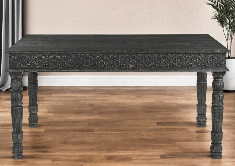 60" Black Solid Wood Dining Table. Bench in black wood.