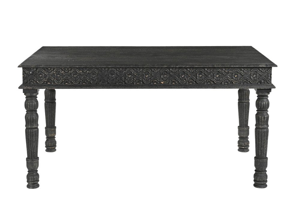 60" Black Solid Wood Dining Table. Bench isolated on a plain white background, in a black wood finish.