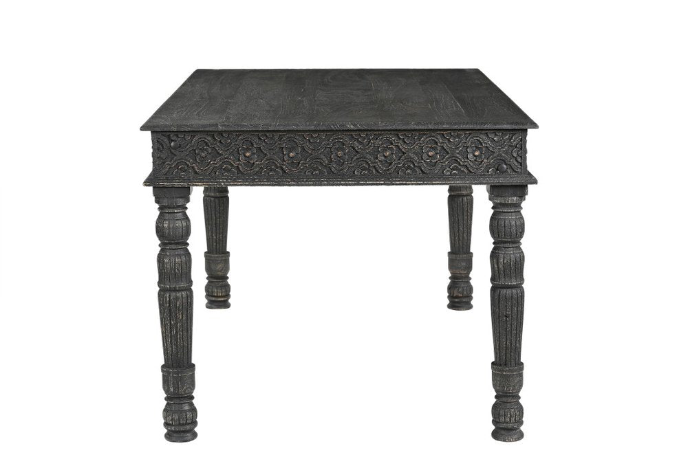 60" Black Solid Wood Dining Table. Bench isolated on a plain white background, finished in black wood.