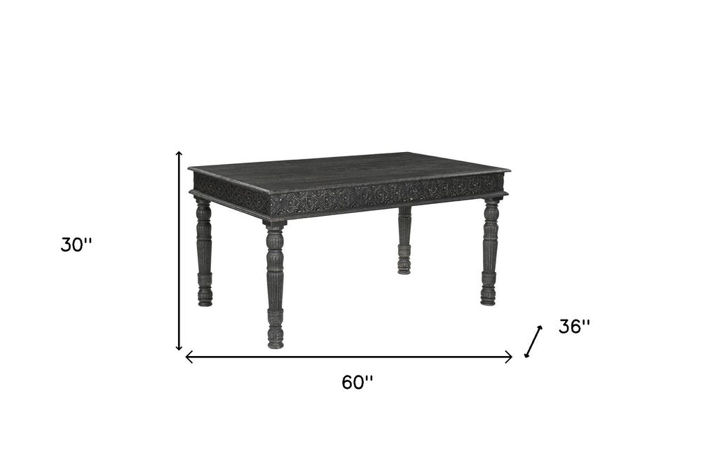 60" Black Solid Wood Dining Table. Bench isolated on a plain white background, finished in black wood.