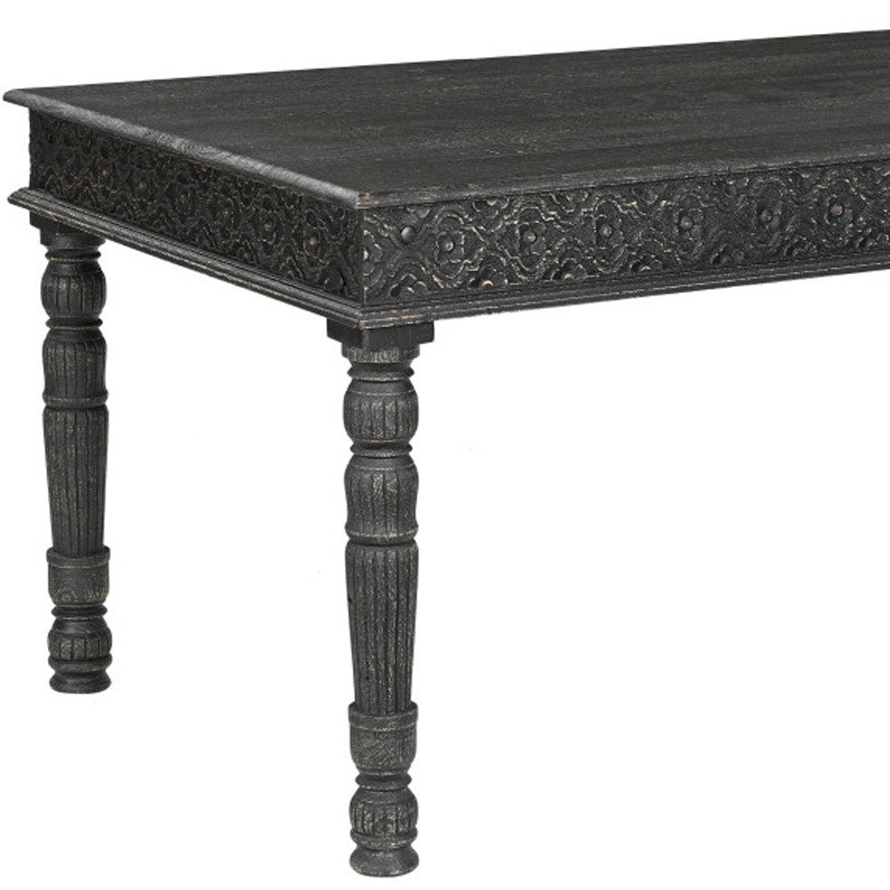 60" Black Solid Wood Dining Table. Bench isolated on a plain white background, showing a black wood surface.