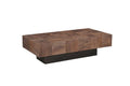 59" Dark Brown and Black Solid Wood Block Coffee Table. Coffee table isolated on a plain white background, in a dark brown wood finish.