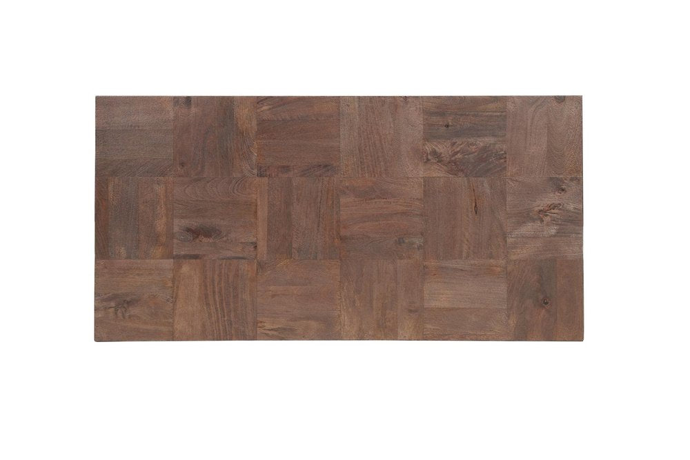 59" Dark Brown and Black Solid Wood Block Coffee Table. Coffee table isolated on a plain white background, in a dark brown wood finish.