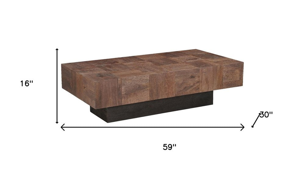59" Dark Brown and Black Solid Wood Block Coffee Table. Coffee table isolated on a plain white background, in a dark brown wood finish.