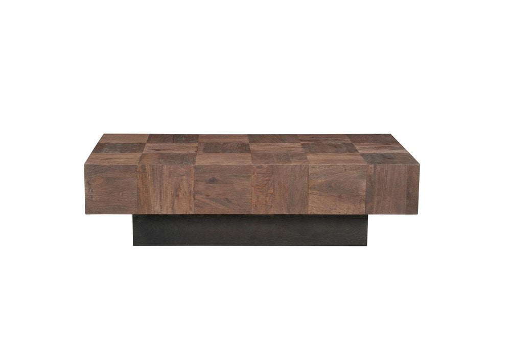 59" Dark Brown and Black Solid Wood Block Coffee Table. Coffee table isolated on a plain white background, showing a dark brown wood surface.