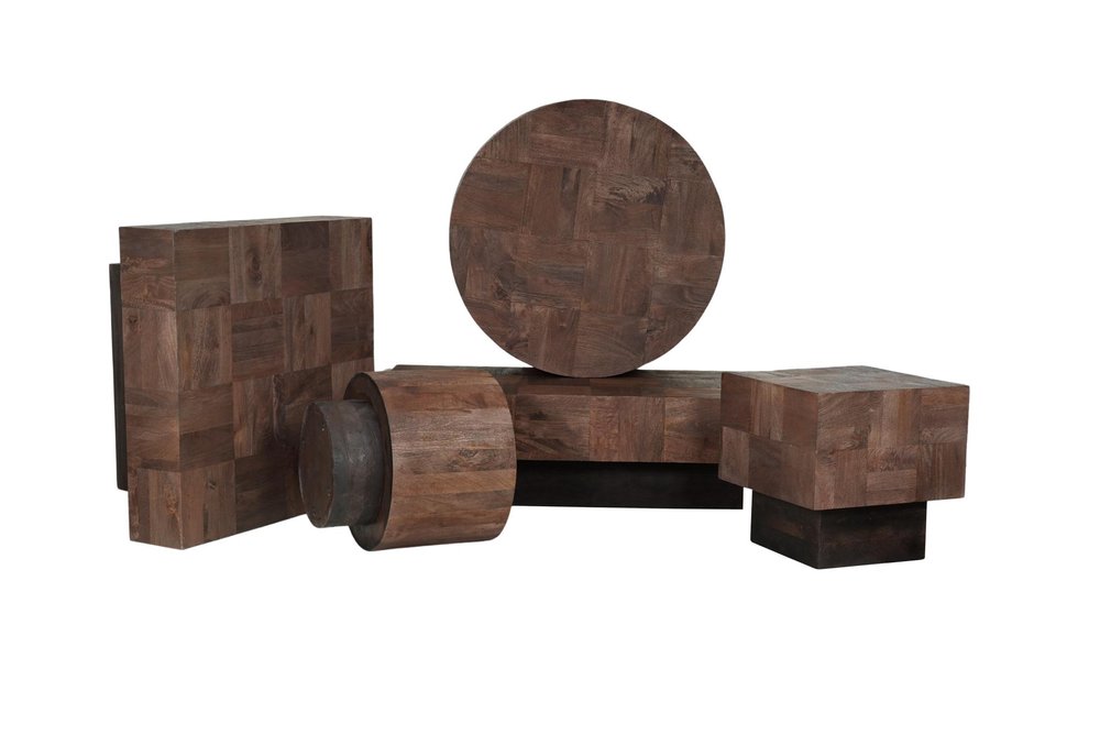 59" Dark Brown and Black Solid Wood Block Coffee Table. Coffee table isolated on a plain white background, showing a dark brown wood surface.