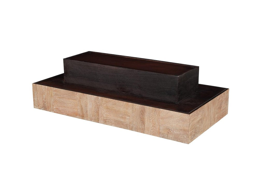 59" Natural and Black Solid Wood Block Coffee Table. Coffee table isolated on a plain white background, in a black wood finish.