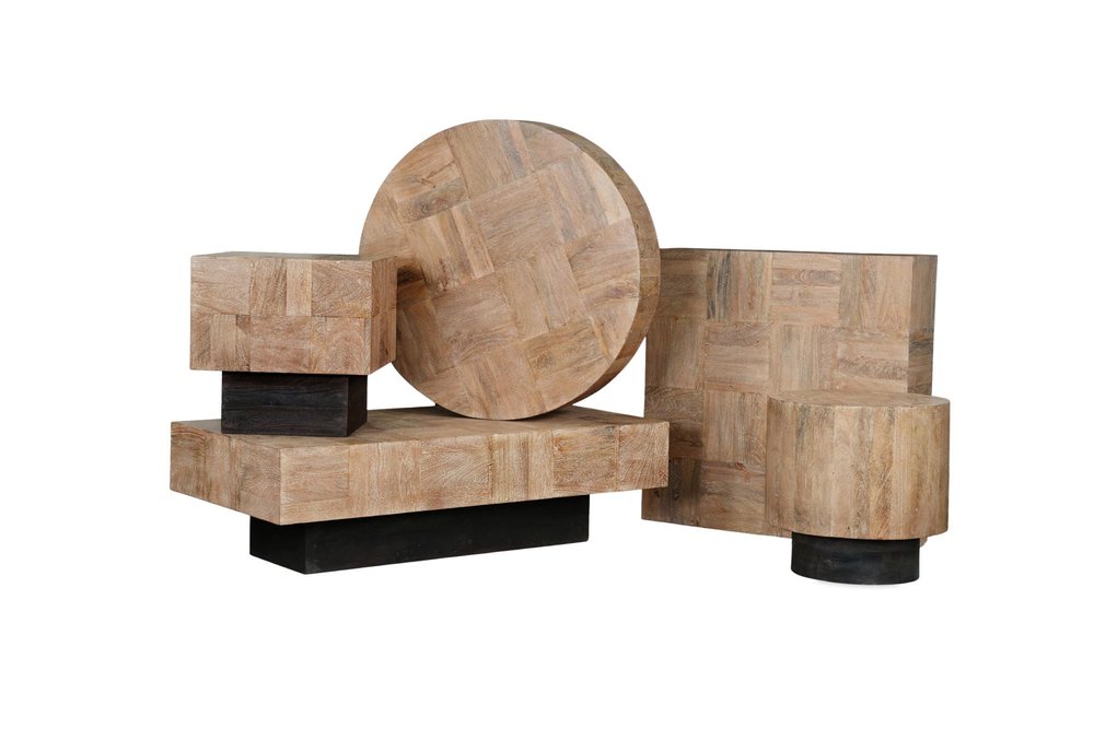 59" Natural and Black Solid Wood Block Coffee Table. Coffee table isolated on a plain white background, showing a black wood surface.