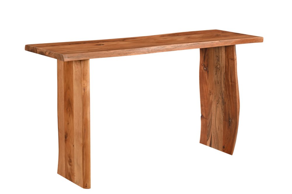A chestnut solid wood console table with sled legs against a white background.