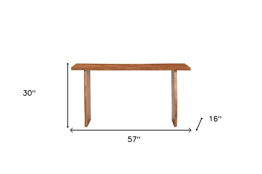 57" Chestnut Solid Wood Sled Console Table. Console table isolated on a plain white background, showing a mahogany wood surface.