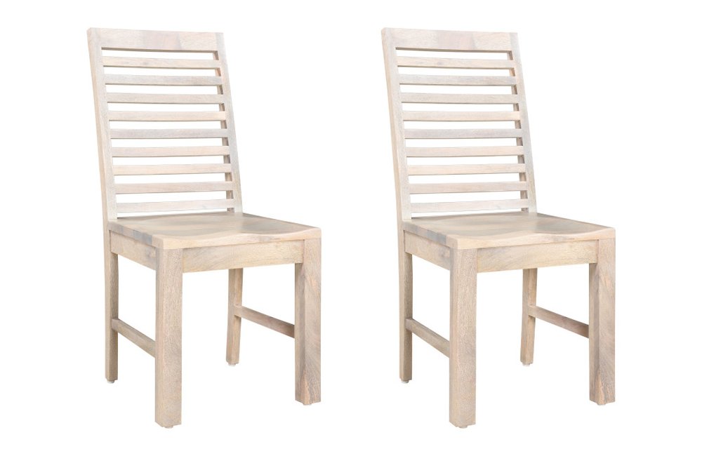 Two white wood ladder back dining side chairs on a white background.