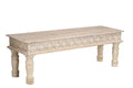 58" White Floral Distressed Solid Wood Dining Bench. Bench isolated on a plain white background, finished in white wood.