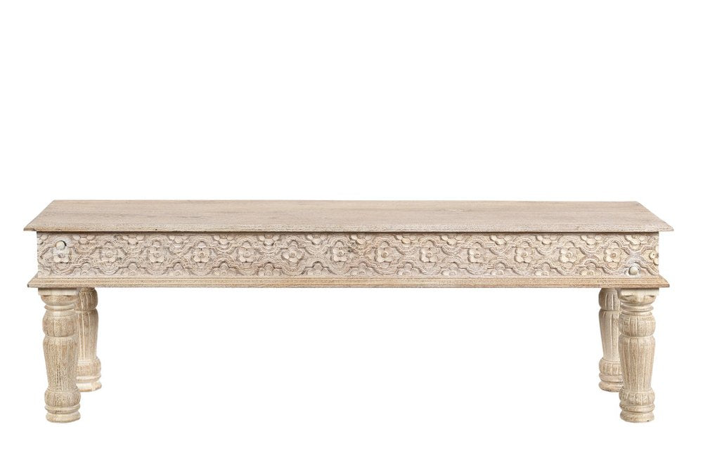 58" White Floral Distressed Solid Wood Dining Bench. Bench isolated on a plain white background, in a white wood finish.