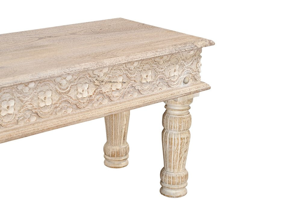 58" White Floral Distressed Solid Wood Dining Bench. Bench isolated on a plain white background, finished in white wood.