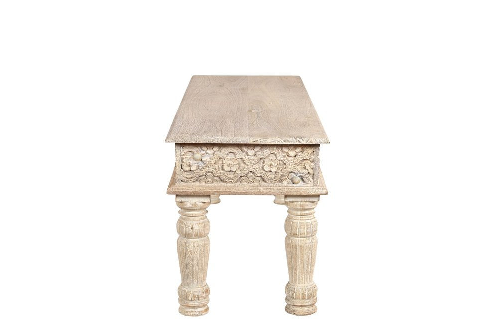 58" White Floral Distressed Solid Wood Dining Bench. Bench isolated on a plain white background, showing a white wood surface.