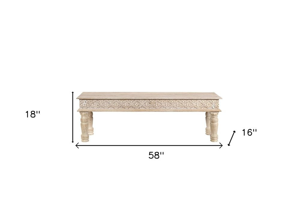 58" White Floral Distressed Solid Wood Dining Bench. Bench isolated on a plain white background, finished in white wood.