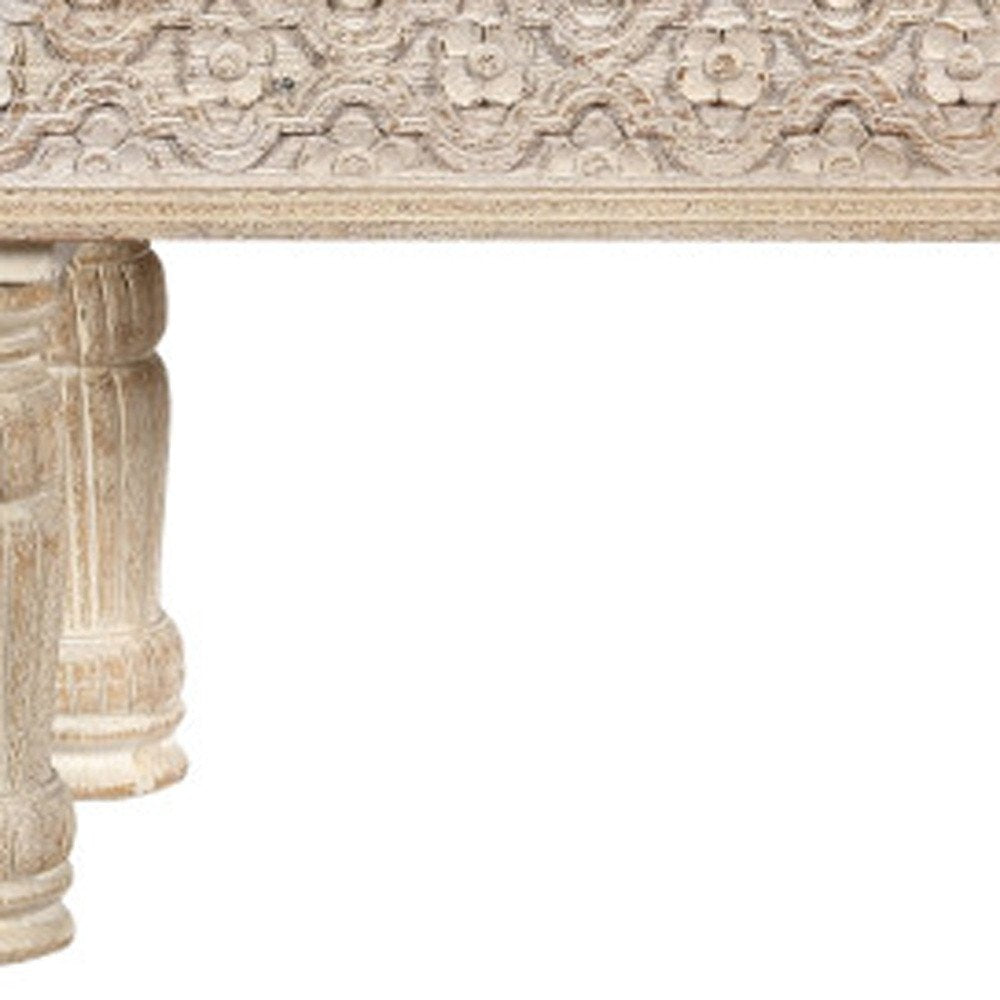 58" White Floral Distressed Solid Wood Dining Bench. Bench in white wood.