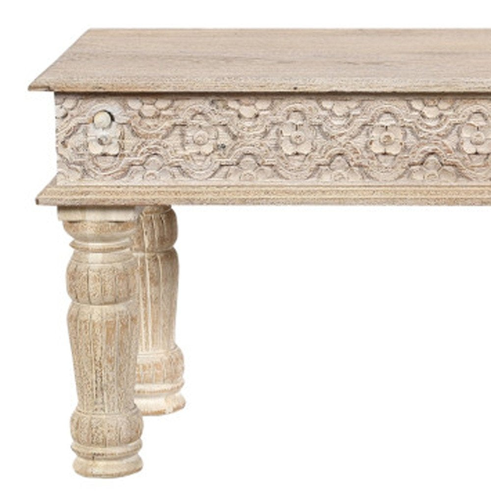 58" White Floral Distressed Solid Wood Dining Bench. Bench isolated on a plain white background, in a white wood finish.