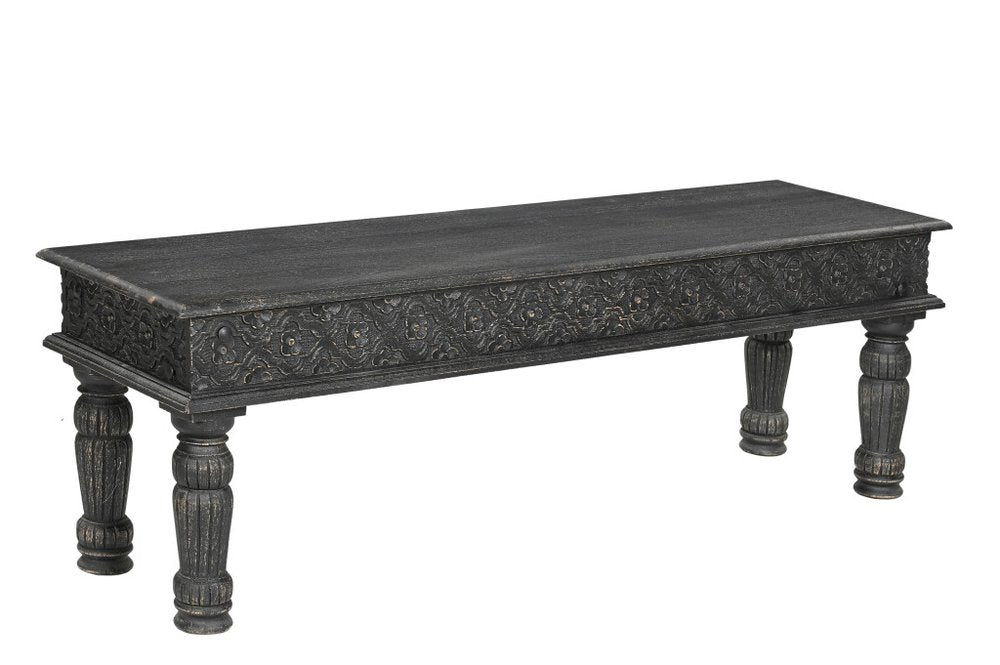 58" Black Floral Distressed Solid Wood Dining Bench. Bench isolated on a plain white background, in a black wood finish.
