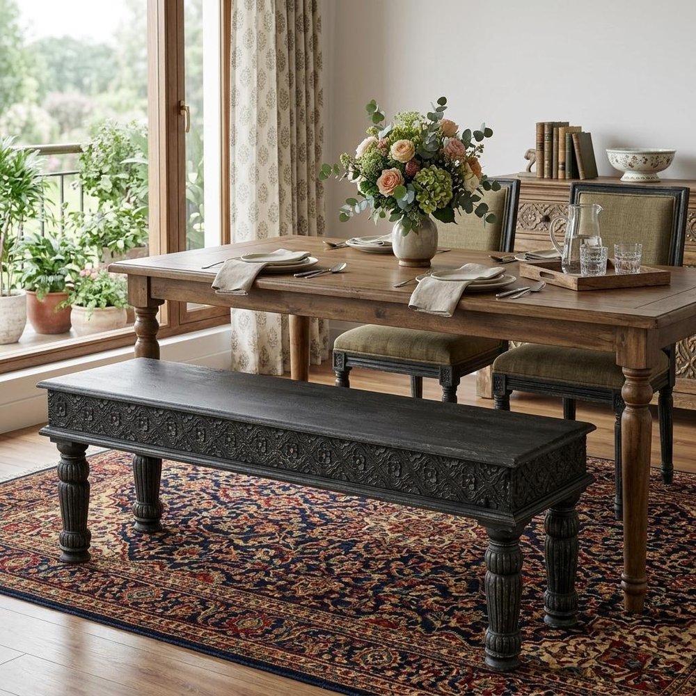 58" Black Floral Distressed Solid Wood Dining Bench