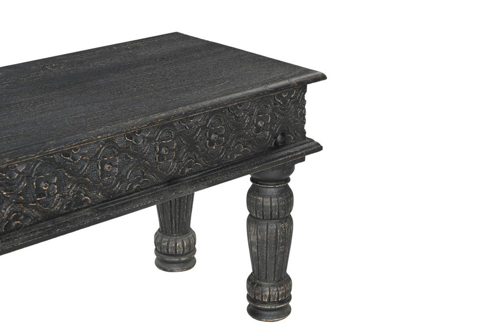 58" Black Floral Distressed Solid Wood Dining Bench. Bench isolated on a plain white background, finished in black wood.