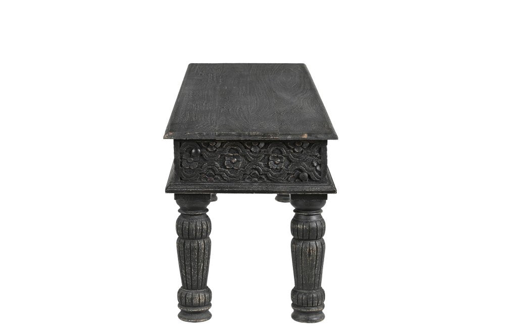 58" Black Floral Distressed Solid Wood Dining Bench. Bench isolated on a plain white background, showing a black wood surface.