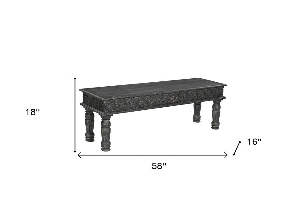 58" Black Floral Distressed Solid Wood Dining Bench. Bench isolated on a plain white background, in a black wood finish.