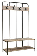 71" Black And Brown Metal And Solid Wood Four Hooks Freestanding Coat Rack on a white background