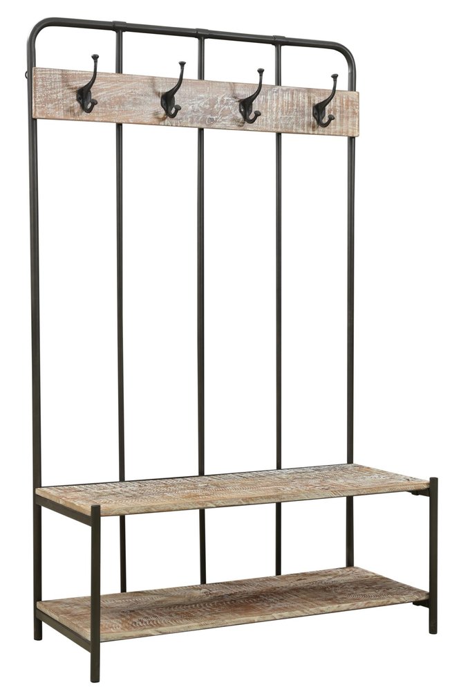 71" Black And Brown Metal And Solid Wood Four Hooks Freestanding Coat Rack on a white background
