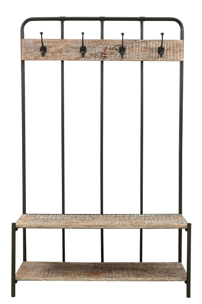 71" Black And Brown Metal And Solid Wood Four Hooks Freestanding Coat Rack on a white background