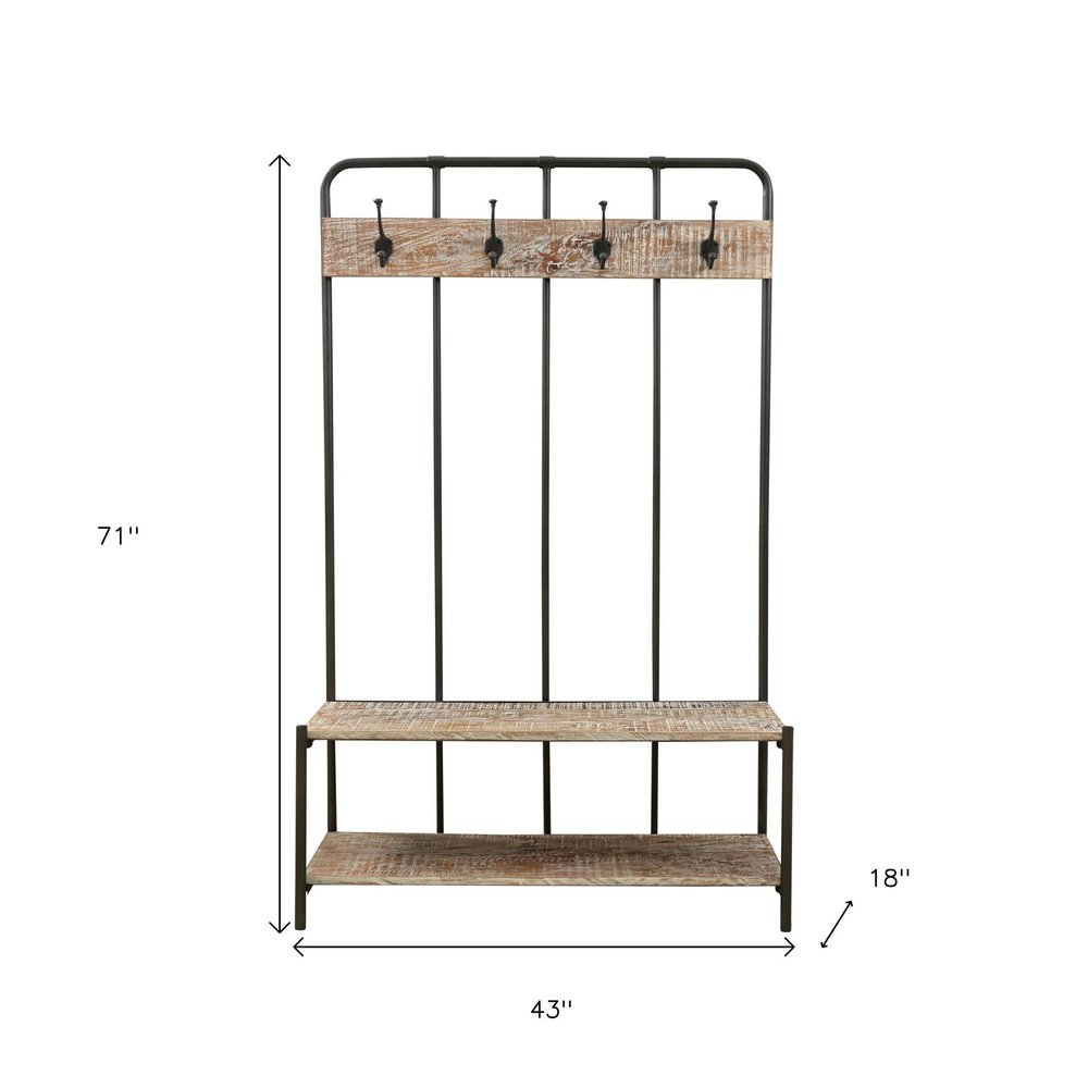 71" Black And Brown Metal And Solid Wood Four Hooks Freestanding Coat Rack on a white background