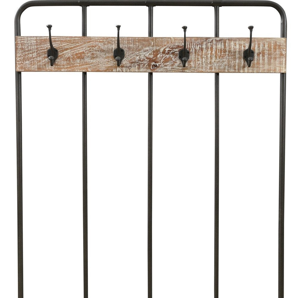 71" Black And Brown Metal And Solid Wood Four Hooks Freestanding Coat Rack on a white background