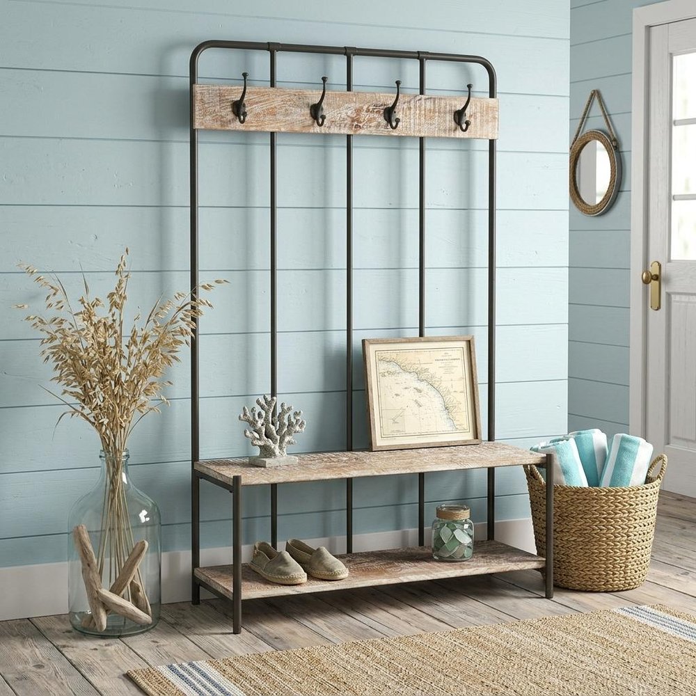 71" Black And Brown Metal And Solid Wood Four Hooks Freestanding Coat Rack on a white background