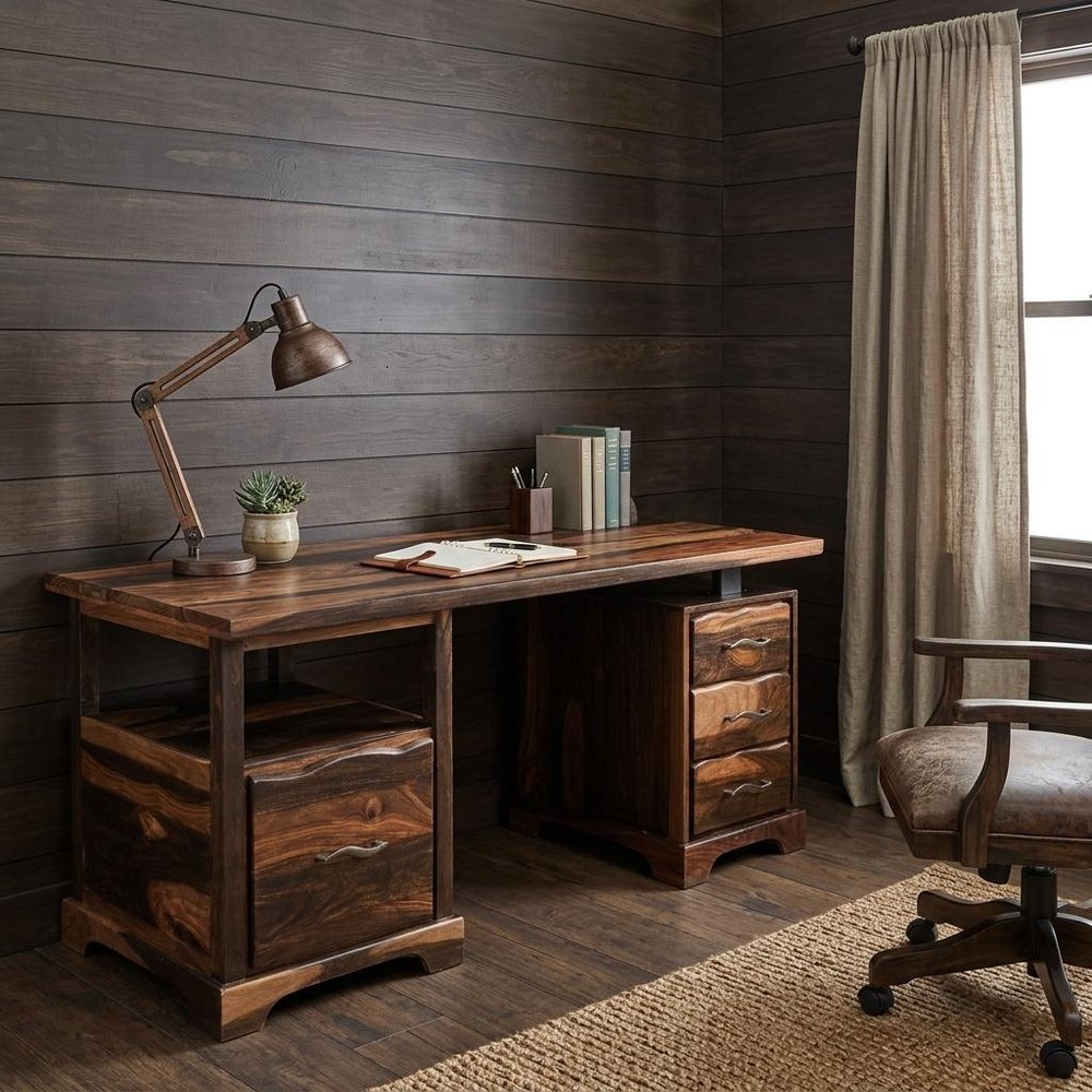 68" Natural Live Edge Solid Wood Writing Desk With Four Drawers