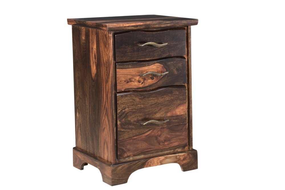 Dark brown solid wood three-drawer filing cabinet with live edge drawer fronts and brass handles on a white background.