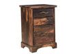 30" Dark Brown Solid Wood Three Drawer Live Edge Filing Cabinet. Filing cabinet isolated on a plain white background, showing a dark brown wood surface.